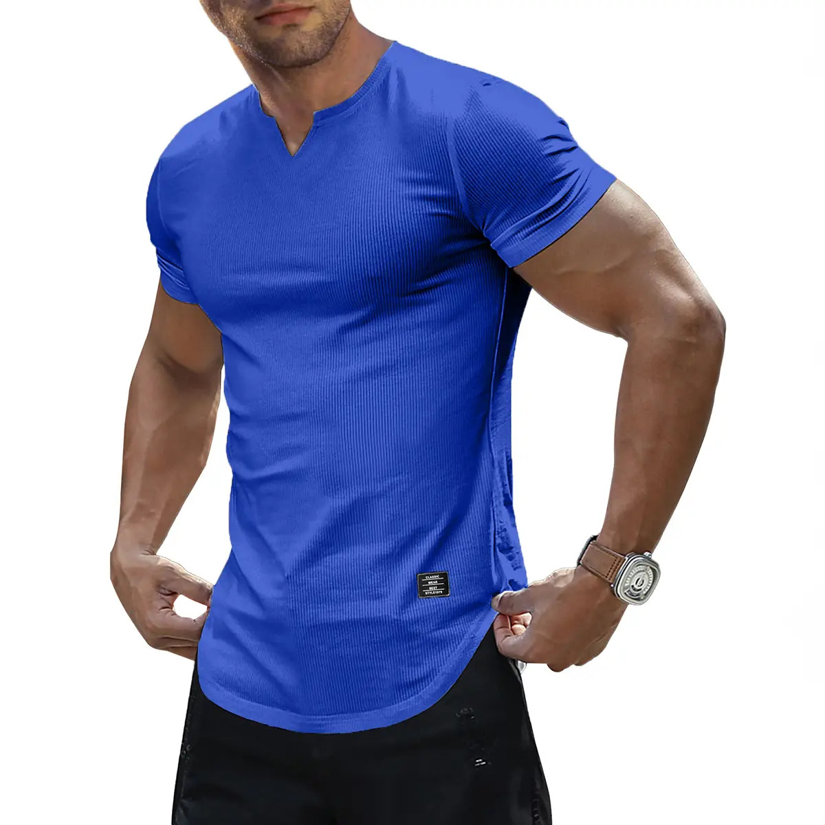 Men's Solid-Color Slim-Fit Long V-Neck T-Shirt
