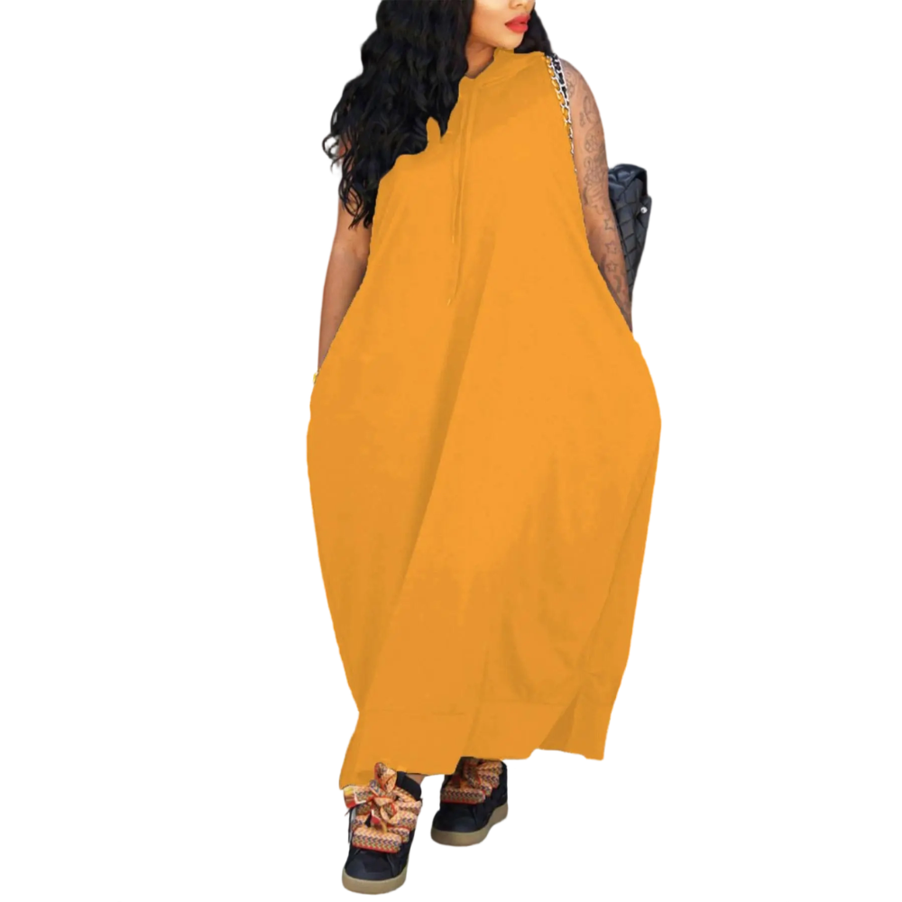 Women's Plain Drawstring Hooded Tank Dress, Casual Basic Pocket Sleeveless Dress