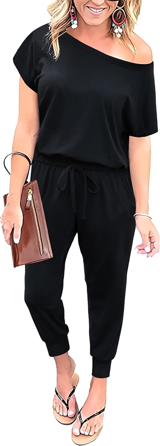 Summer Jumpsuit Rompers Off Shoulder for Women with Pockets Casual Elastic Waist