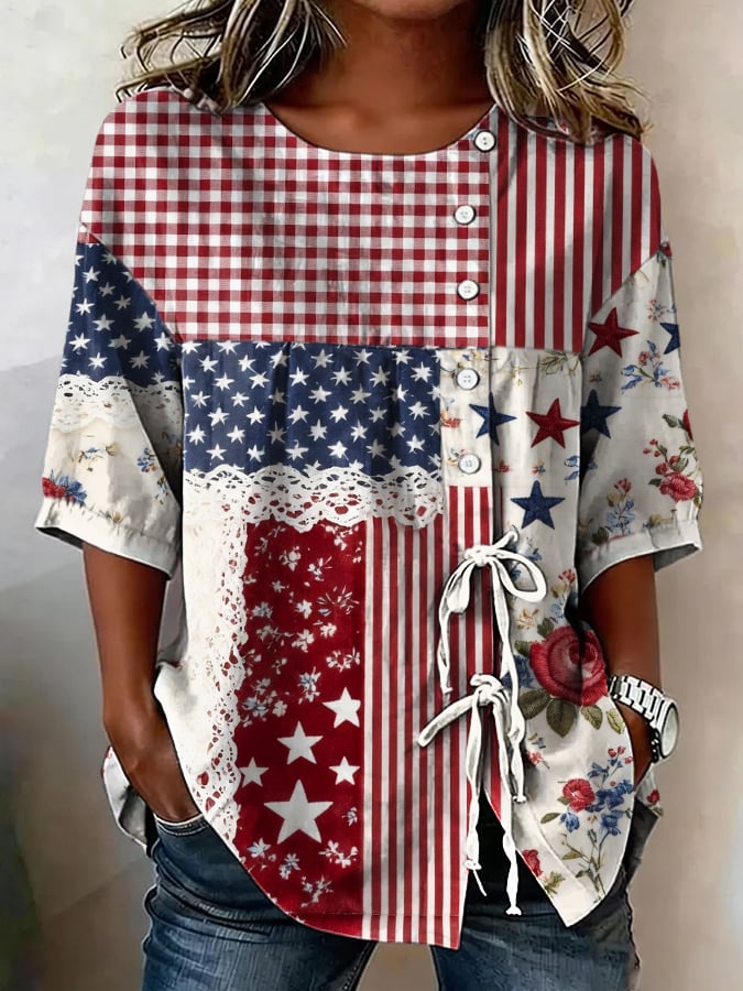 Women'S Casual Cotton-Linen Top With U.S. 250th Anniversary Print