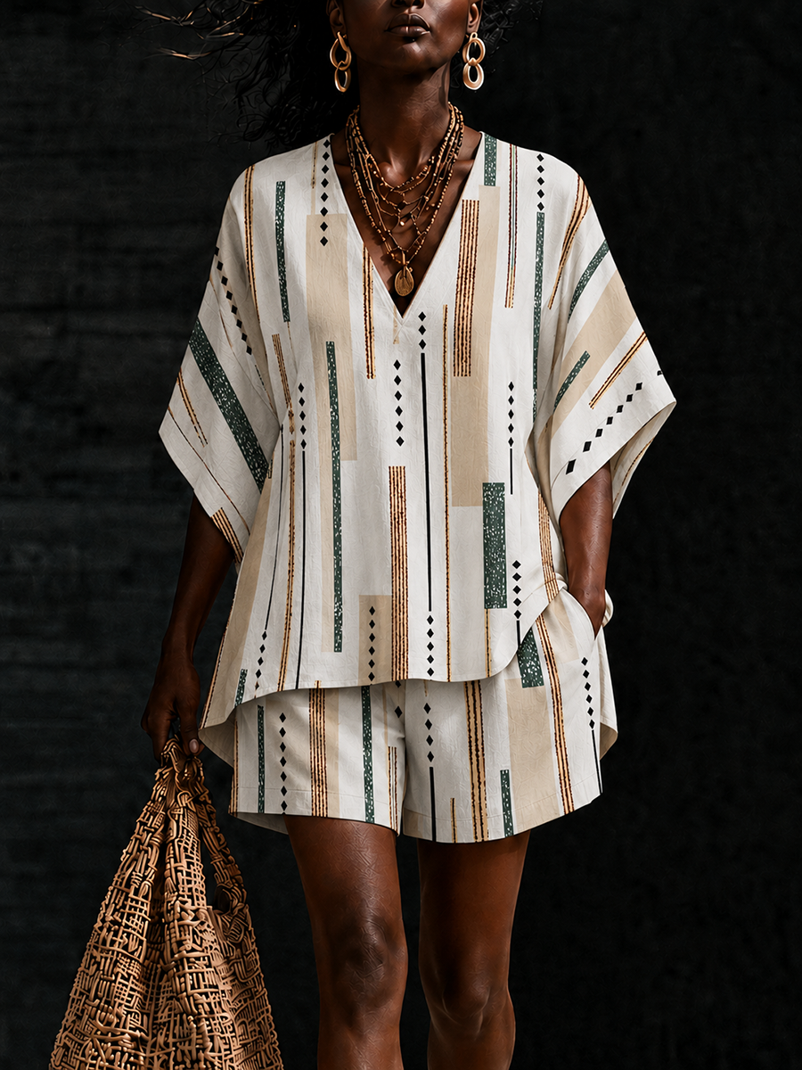 Women's Casual Top and Shorts Set with Linear Design
