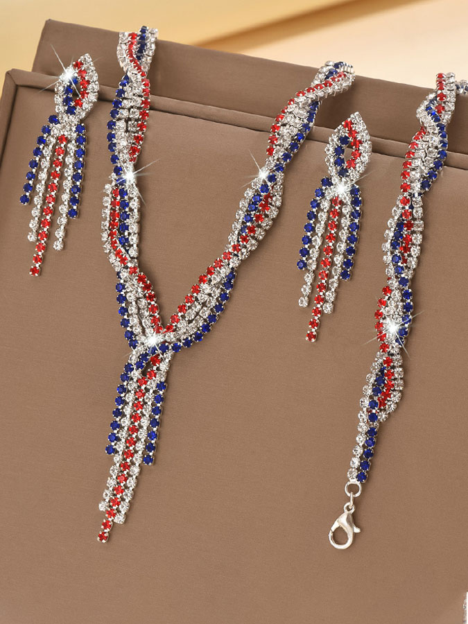 Colorful Rhinestone Twisted Tassel Necklace, Earrings, and Bracelet Set