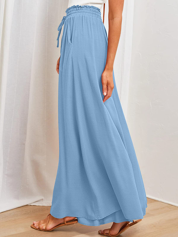 Drawstring Elasticity Pleated Pockets Solid Color High Waisted Loose Trousers Pants