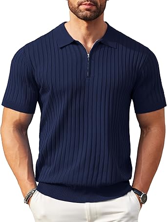 Men's Zipper Polo Shirts Short Sleeve Ribbed Knit Polo T Shirts