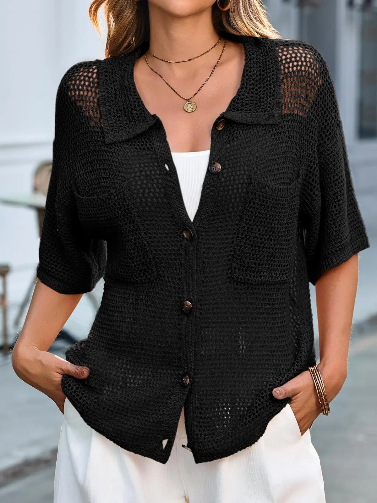 Women's Crochet Lightweight Cardigan – Short Sleeve Button Down Summer Cover Up