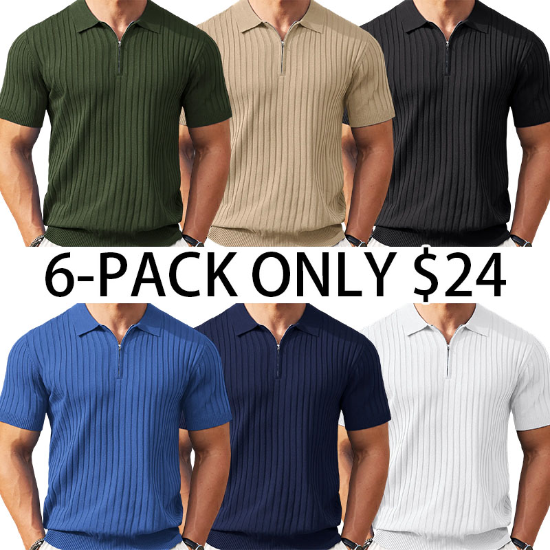 New York Fashion Week Men's Zipper Polo Shirts Short Sleeve Ribbed Knit Polo