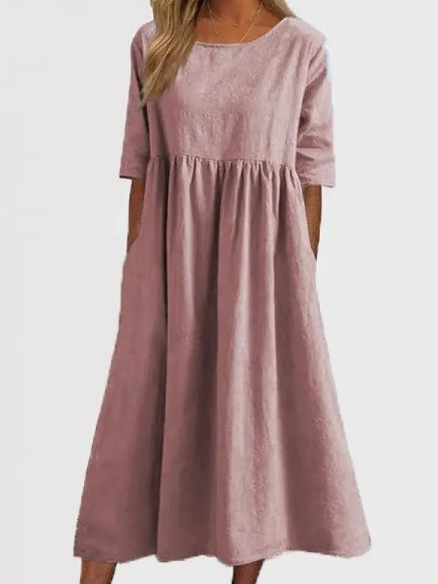 Women's Summer New Cotton and Linen Casual Short Sleeve Pocket Fold Loose Round Neck Dress