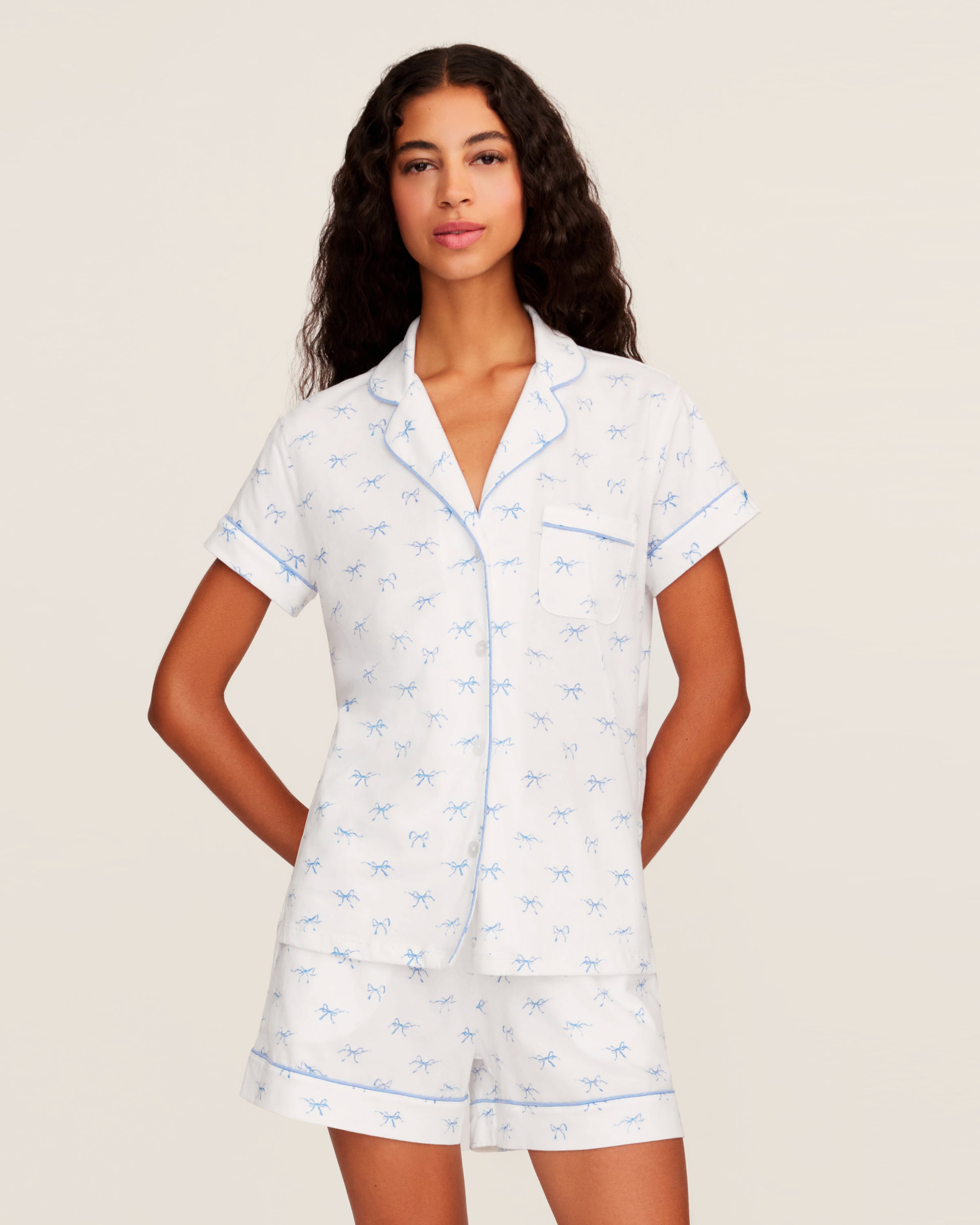 Women's Pima Short Sleeve Short Set in Something Blue Bows