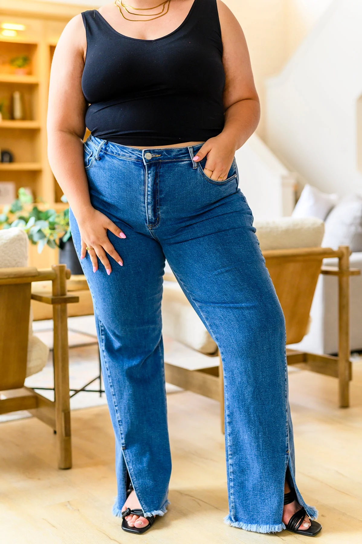 High Rise Split Hem Straight Jeans