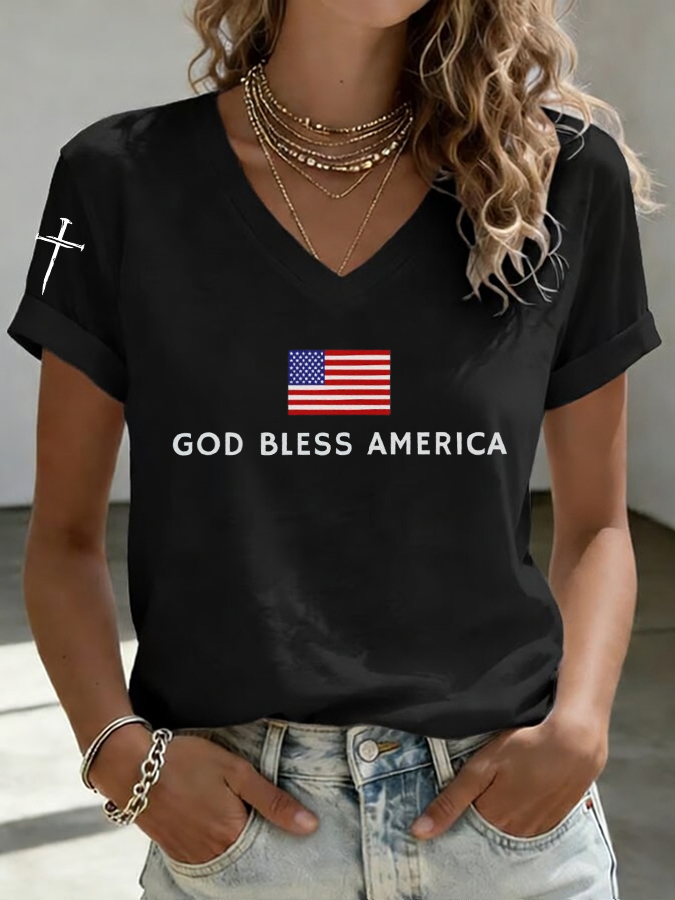 Women's God Bless America Print Casual T-Shirt