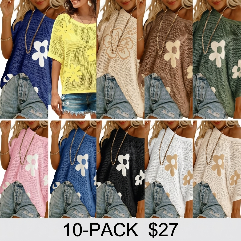 Women's Floral Crochet Sweater – Short Sleeve Lightweight Knit Beach Cover Up