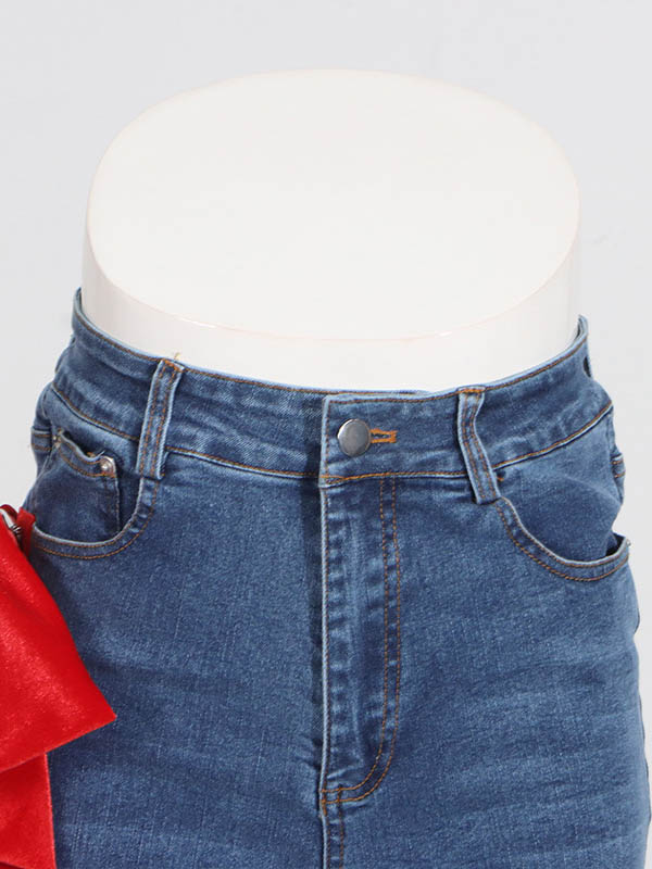 Buttoned Contrast Color Pockets Tied High Waisted Loose Jean Pants Bottoms