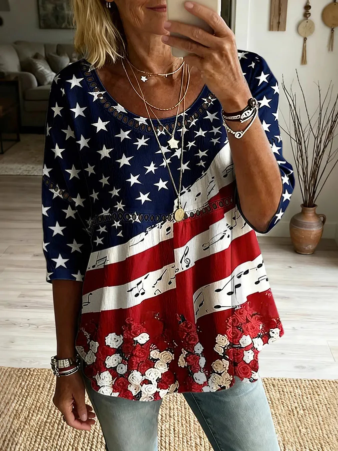 Women'S Retro American Independence Day Printed Casual Top
