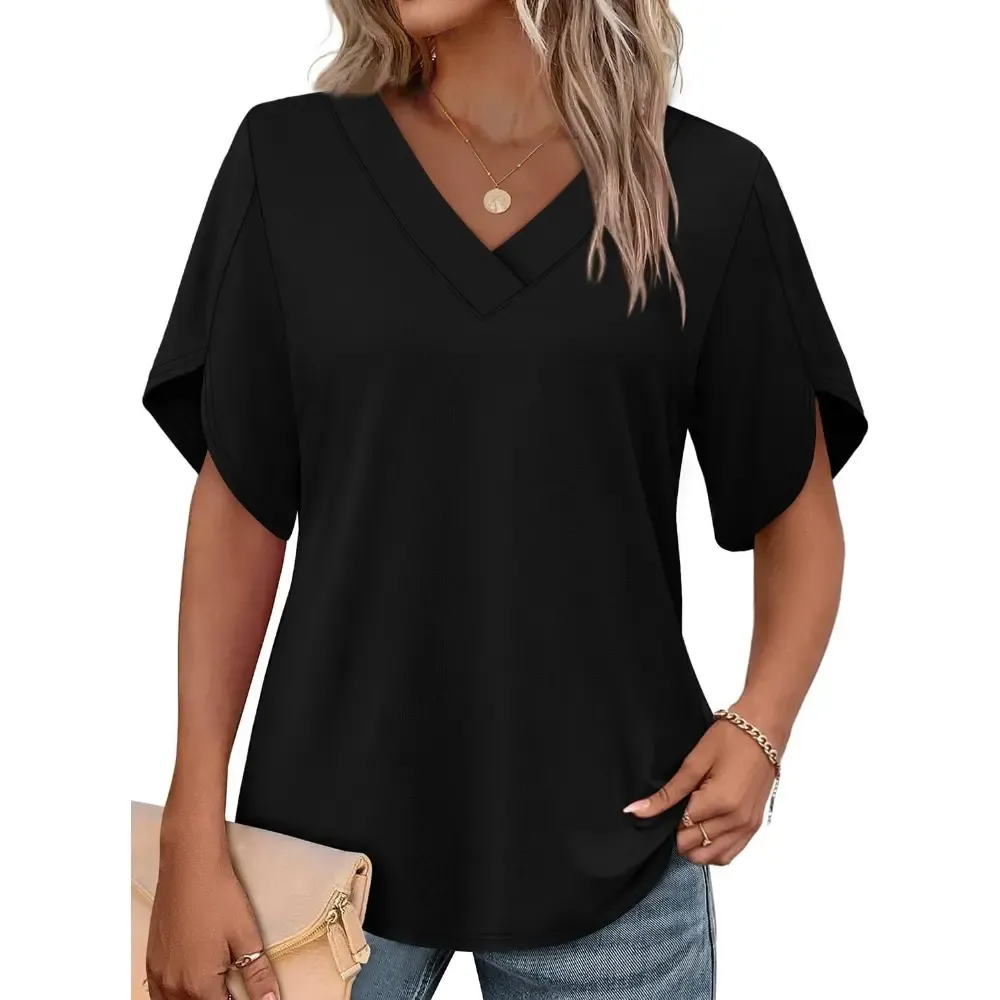Womens Short Sleeve V Neck Dolman Tops with Side Shirring Loose Fit Shirts
