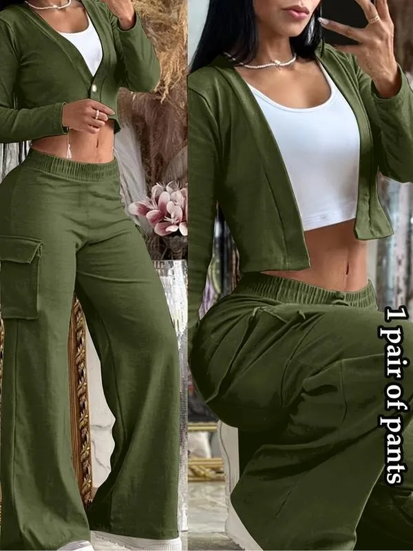 Women's Solid Color Flap Pocket Pants