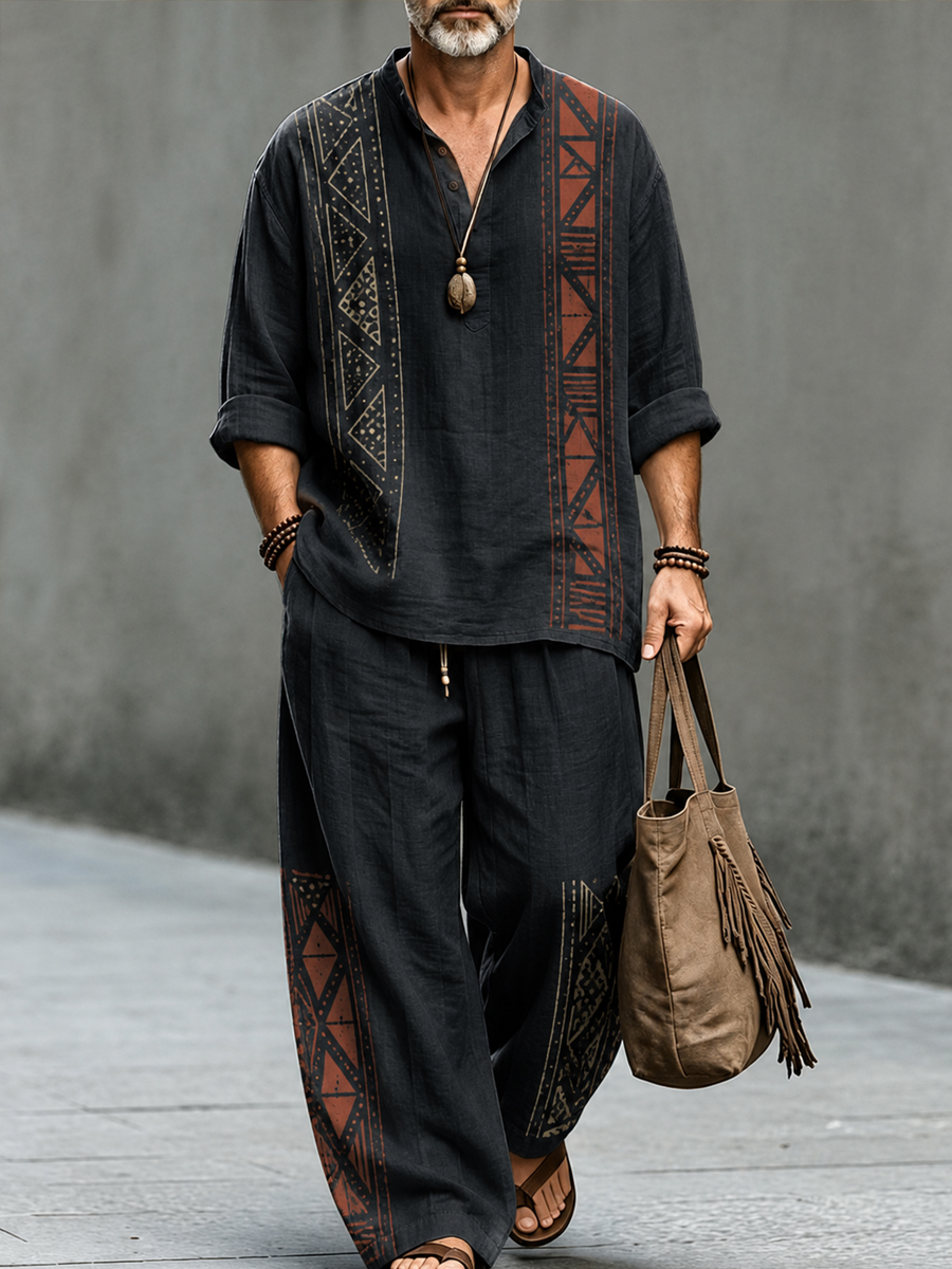 Men's Retro Geometric Art Print Casual Vacation Set
