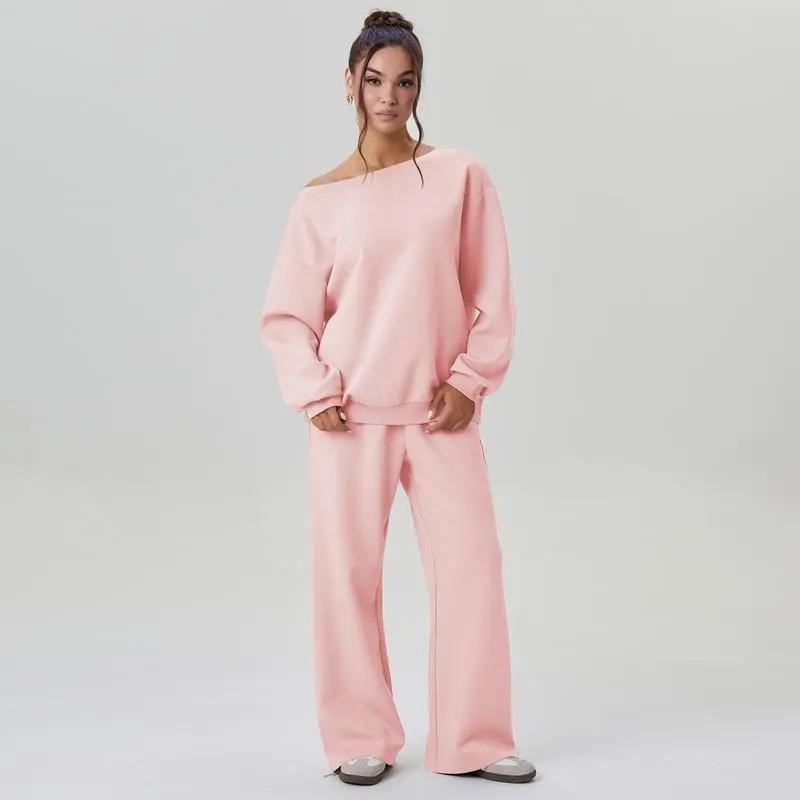 🔥8-PACKS 🔥Women's Leisure Solid Color Sloping Shoulder Long Sleeve Top & Wide Leg Trousers