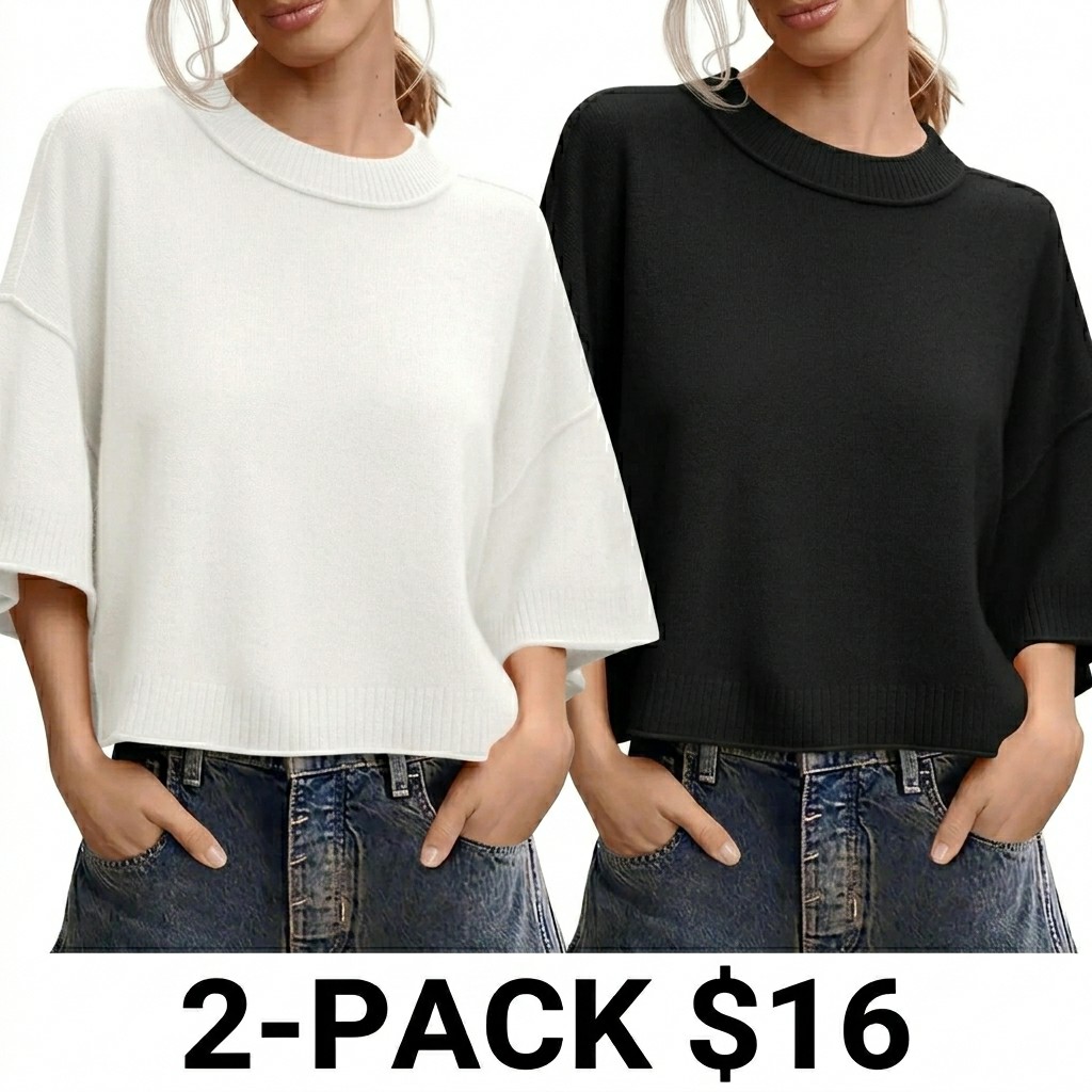 Women's Oversized Cropped Sweater – Short Sleeve Lightweight Knit Summer Top