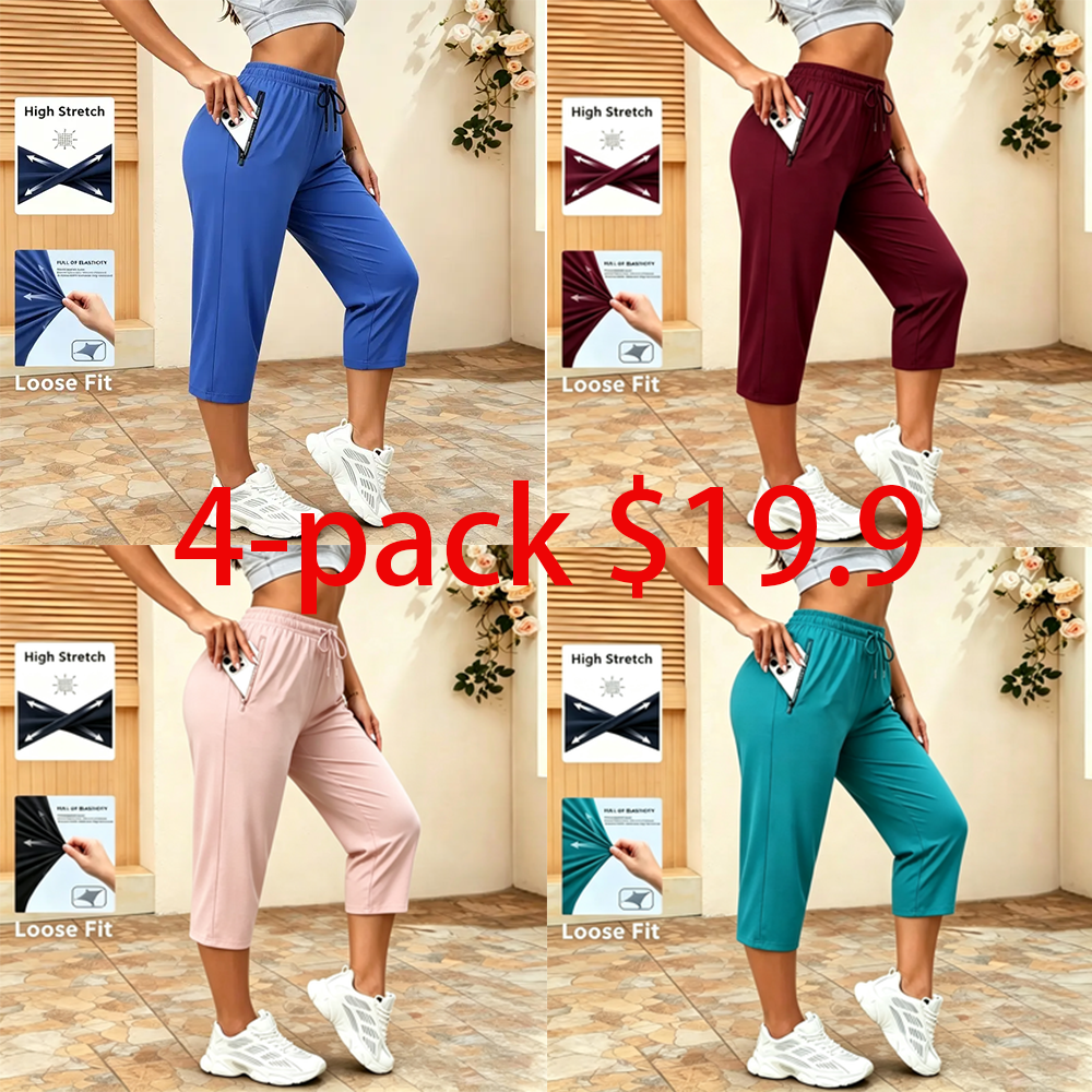 Last Chance Special! 8 Pieces for $24.9, Today Only! Women's Summer Casual Capris – Drawstring Waist with Zippered Pockets, Quick-Dry Athletic Pants for Running & Outdoor Sports