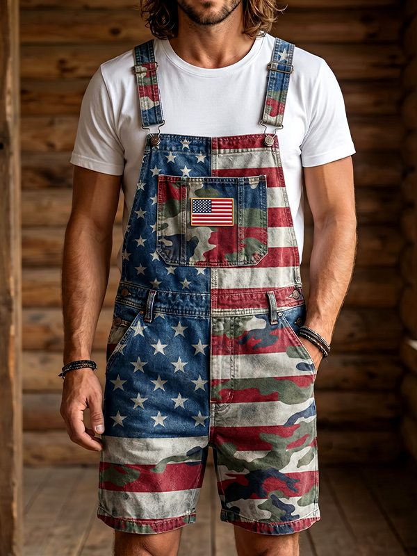 Men's Vintage American Flag Star Stripe Camo Print Shorts Overalls