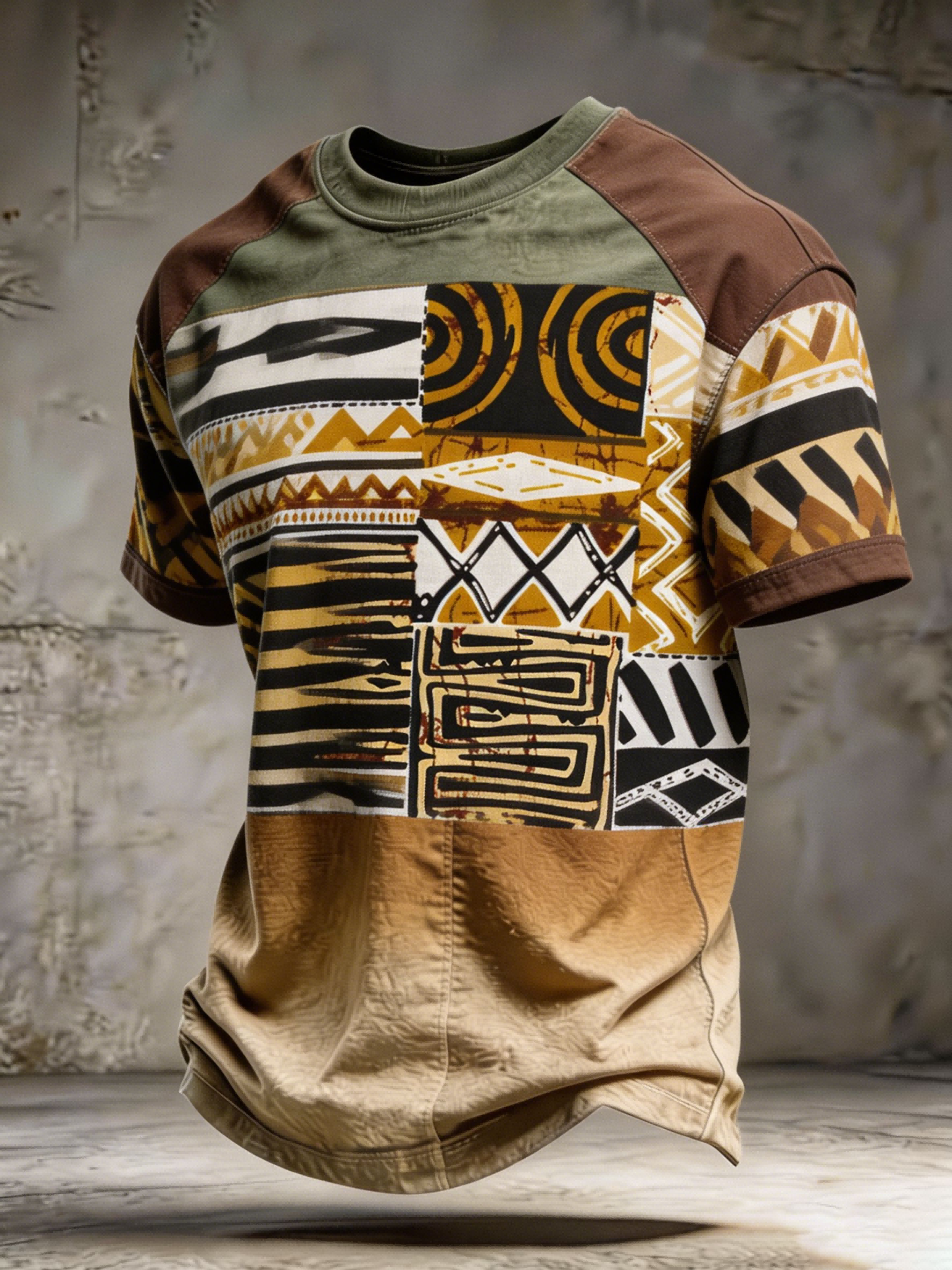 (Vintage African Tribal Patchwork Geometric Pattern)African Men - Fashion Art T-Shirt