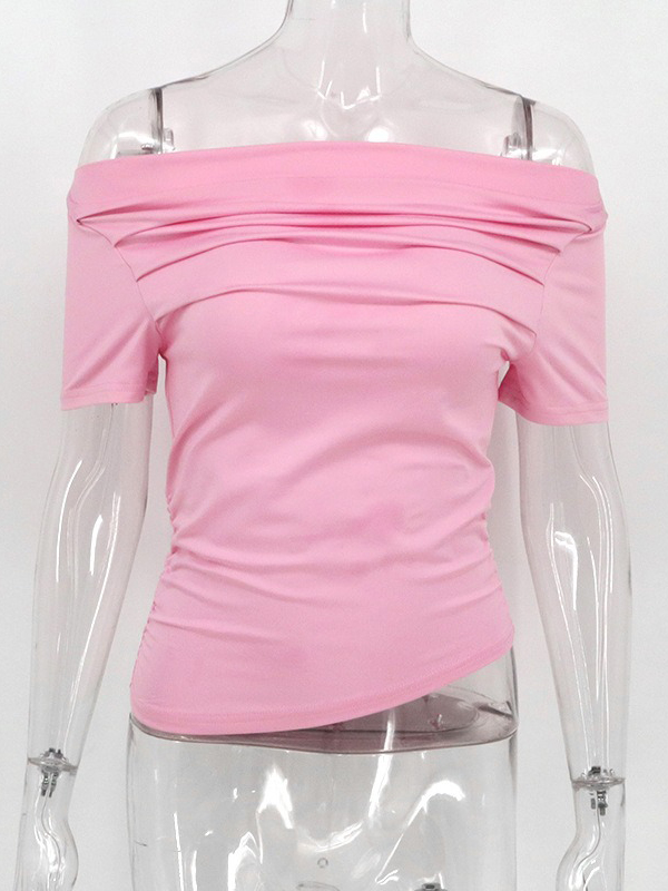 Pleated Solid Color Split-Joint Short Sleeves Skinny Boat Neck T-shirts