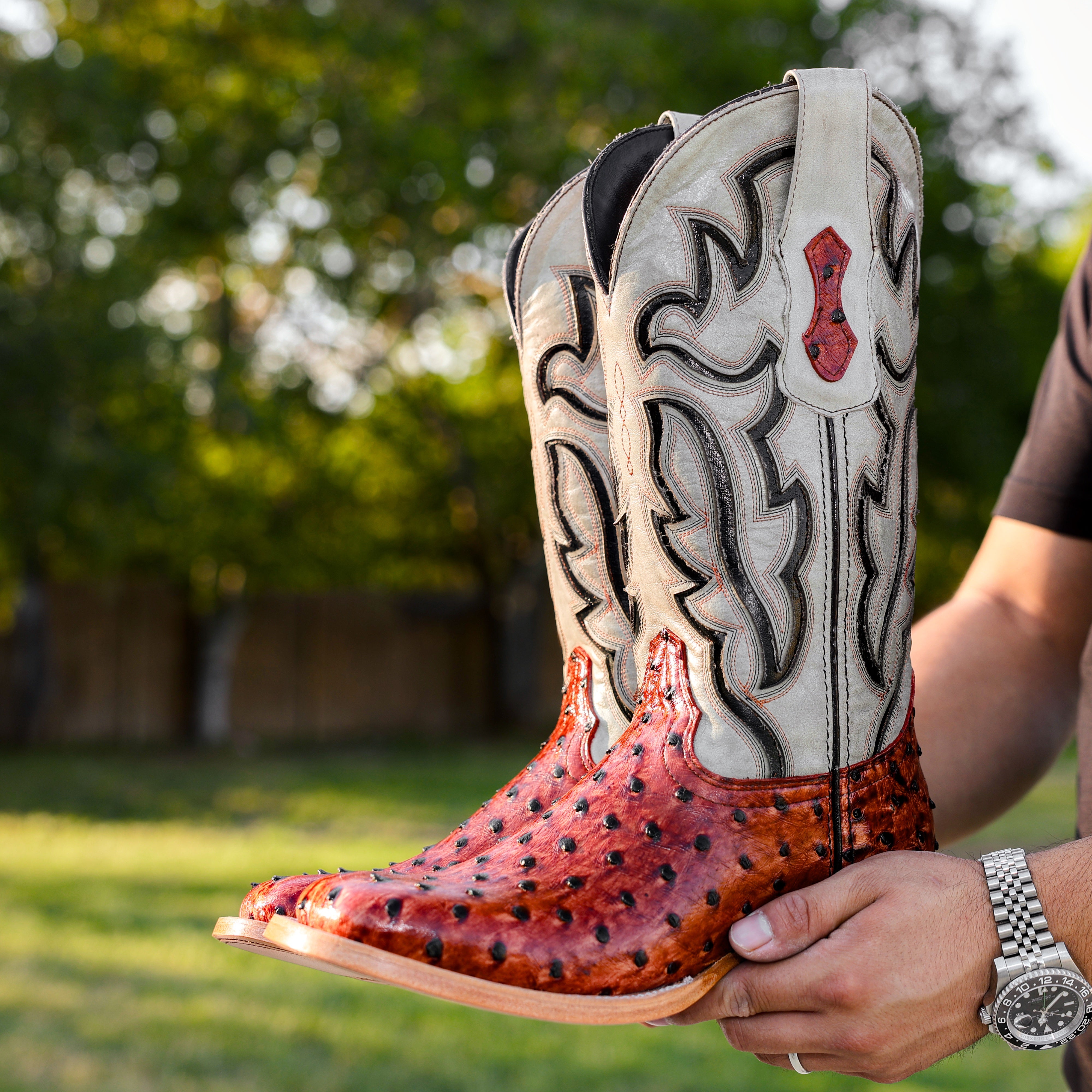 Cognac Ostrich Leather Boots - Square Toe