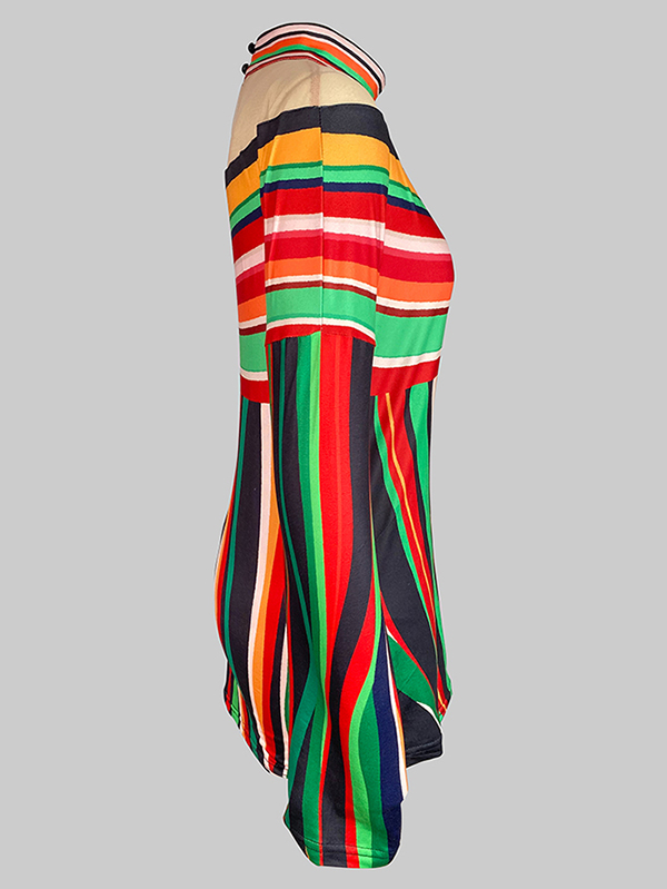 Long Sleeves Loose Contrast Color Striped Halter-Neck T-Shirts Tops