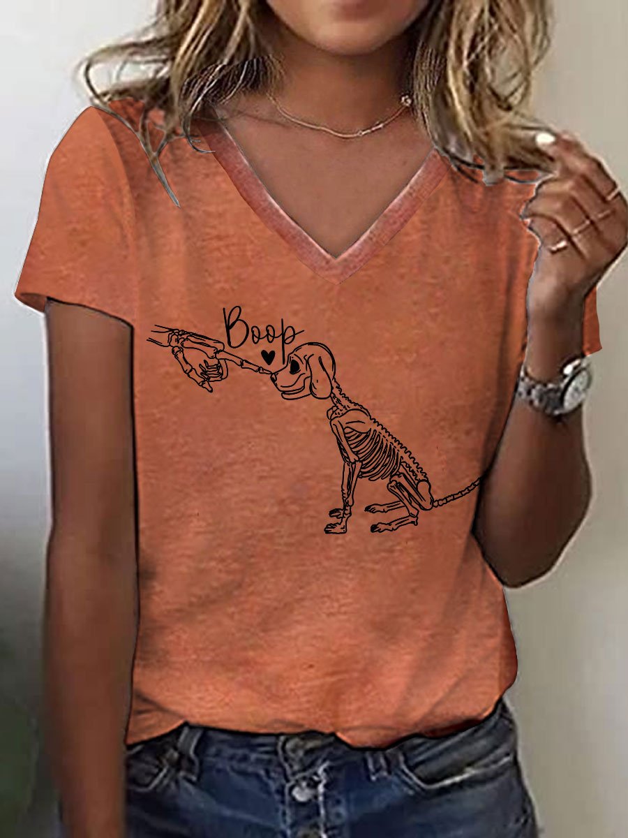 Women's Boop Bones Dog Print V-Neck T-Shirt