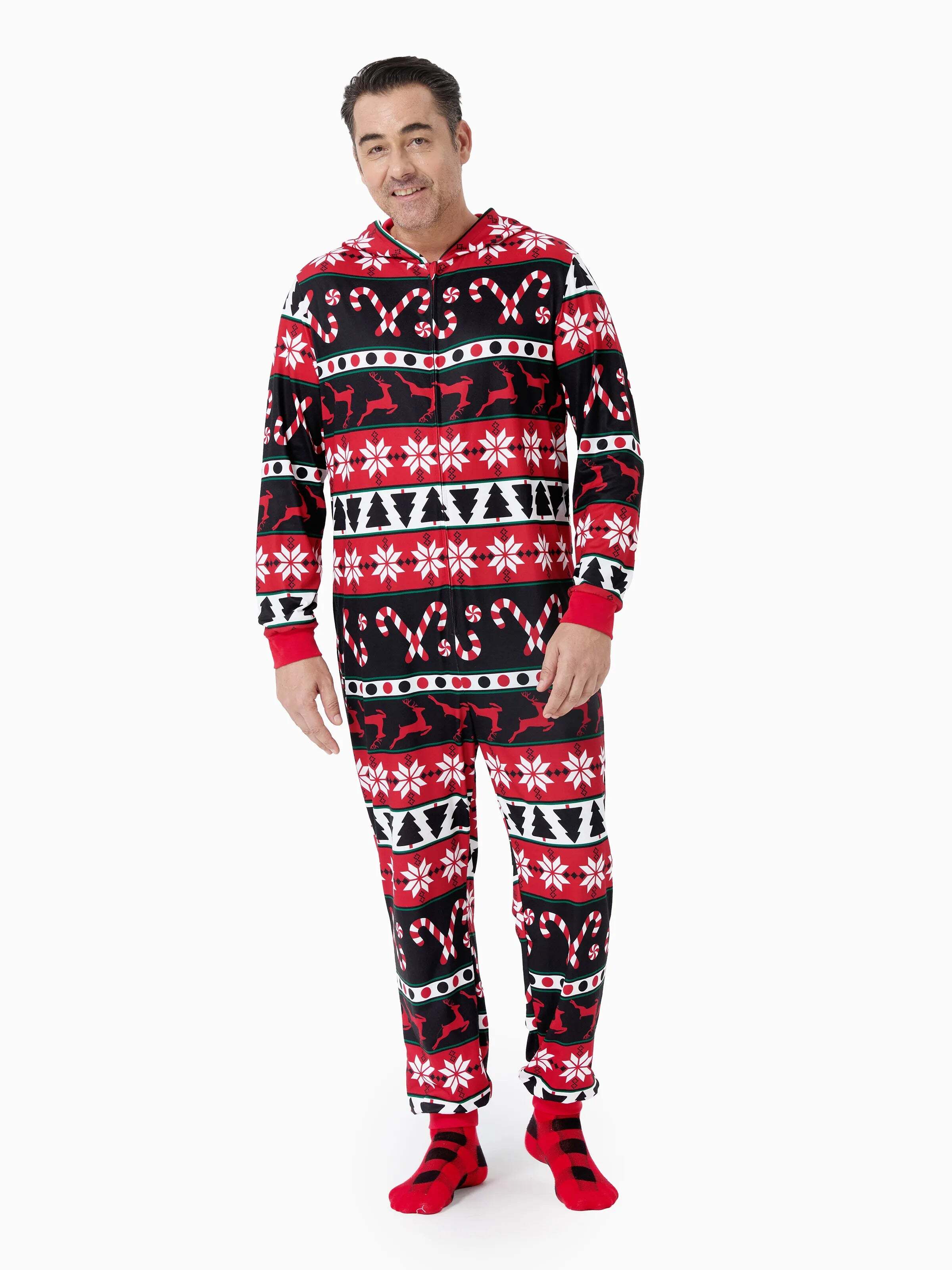 Christmas Pajamas 3D Reindeer Pattern Zipper Hooded Onesies Matching Family Outfits red/black