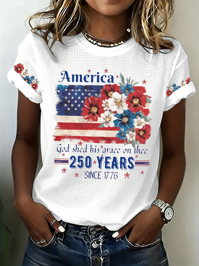 Women's 250th Anniversary National Flag Floral Print Casual Waffle T-shirt