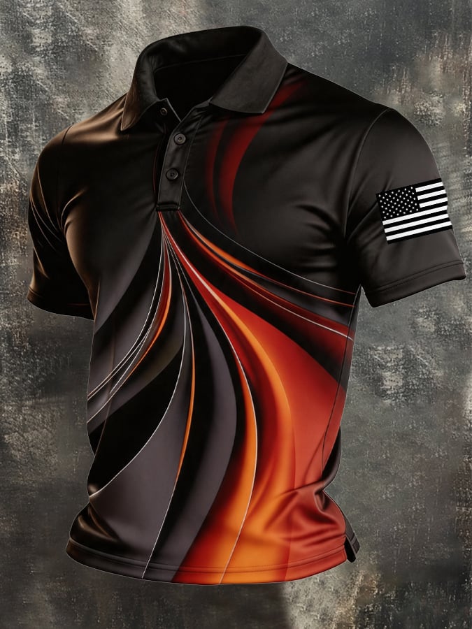 Men's Retro Patriotic Color-Block Short-Sleeve Polo Shirt