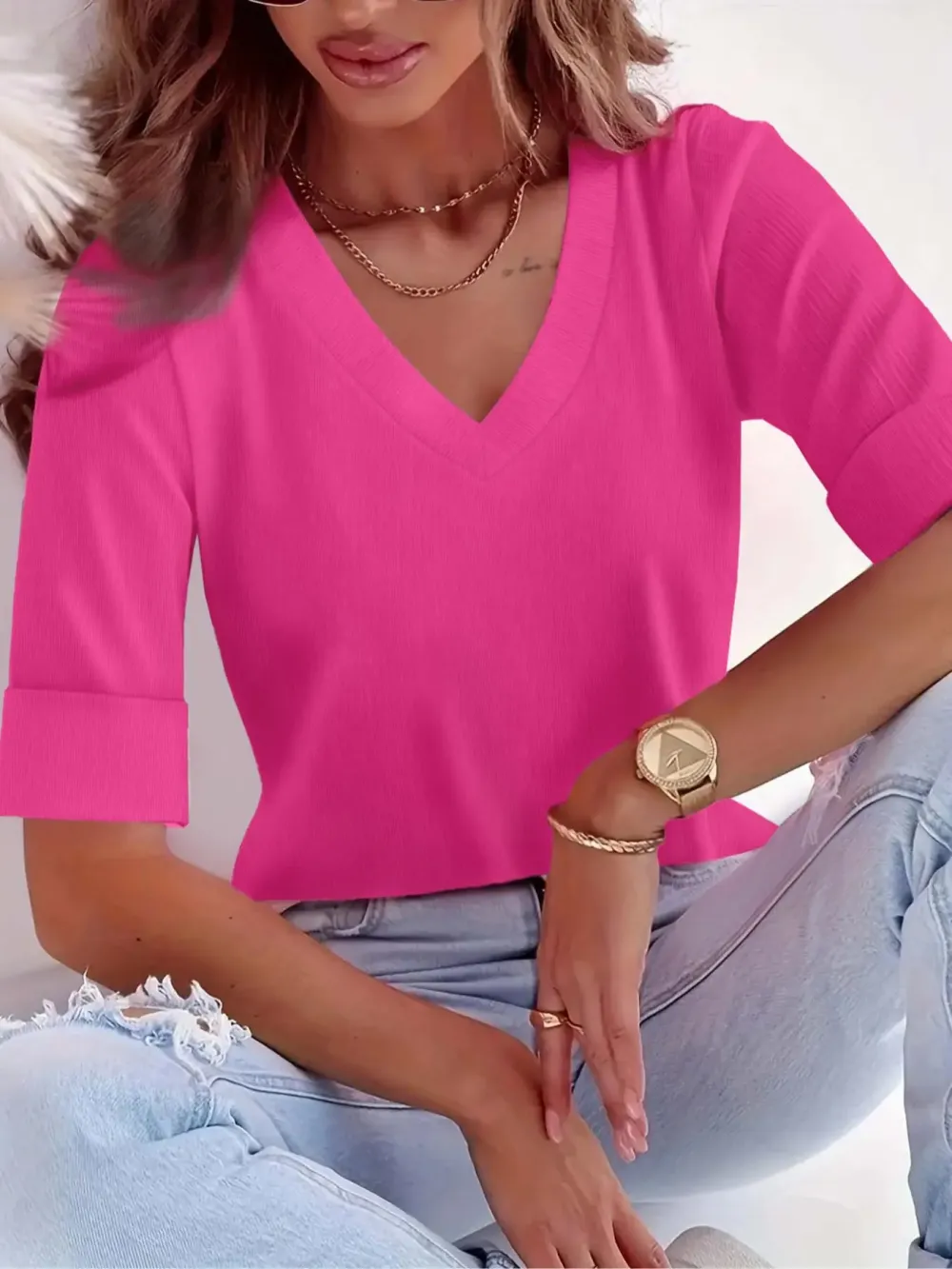Plus Size Solid V Neck Roll Up Sleeve Tee, Casual T-shirt , Women's Plus Clothing for Daily Wear, Cute Tops, Quality and Durability