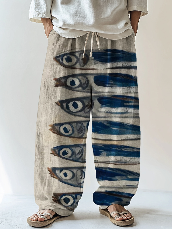 Men's Retro Sardines Art Print Casual Pants