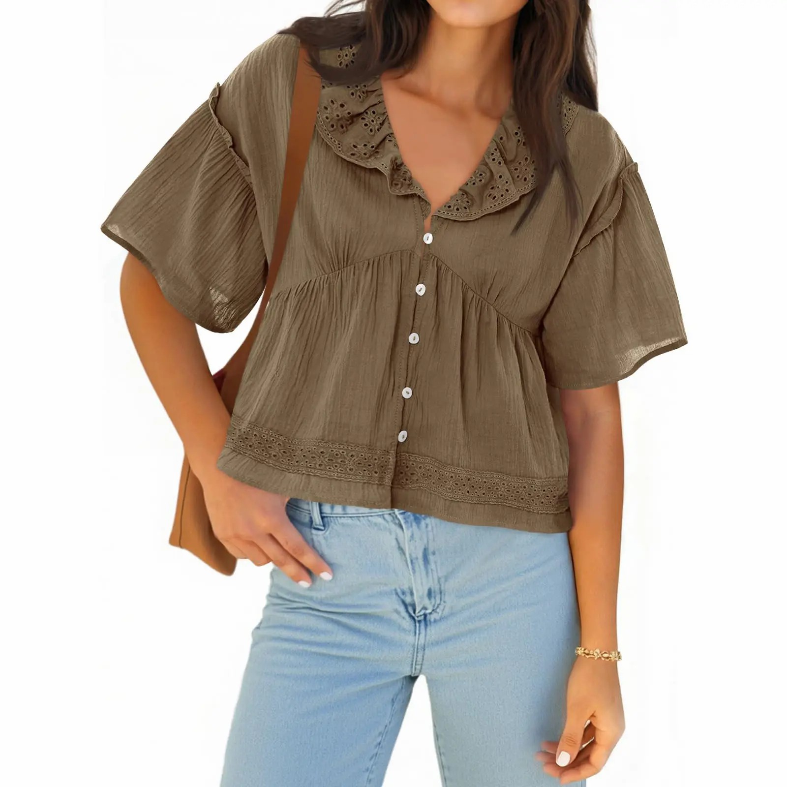 Women's Cropped Babydoll Top – V Neck Eyelet Blouse with Ruffle Sleeves & Button Front