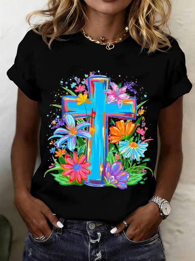Women's Spring Floral Cross Faith Print T-Shirt