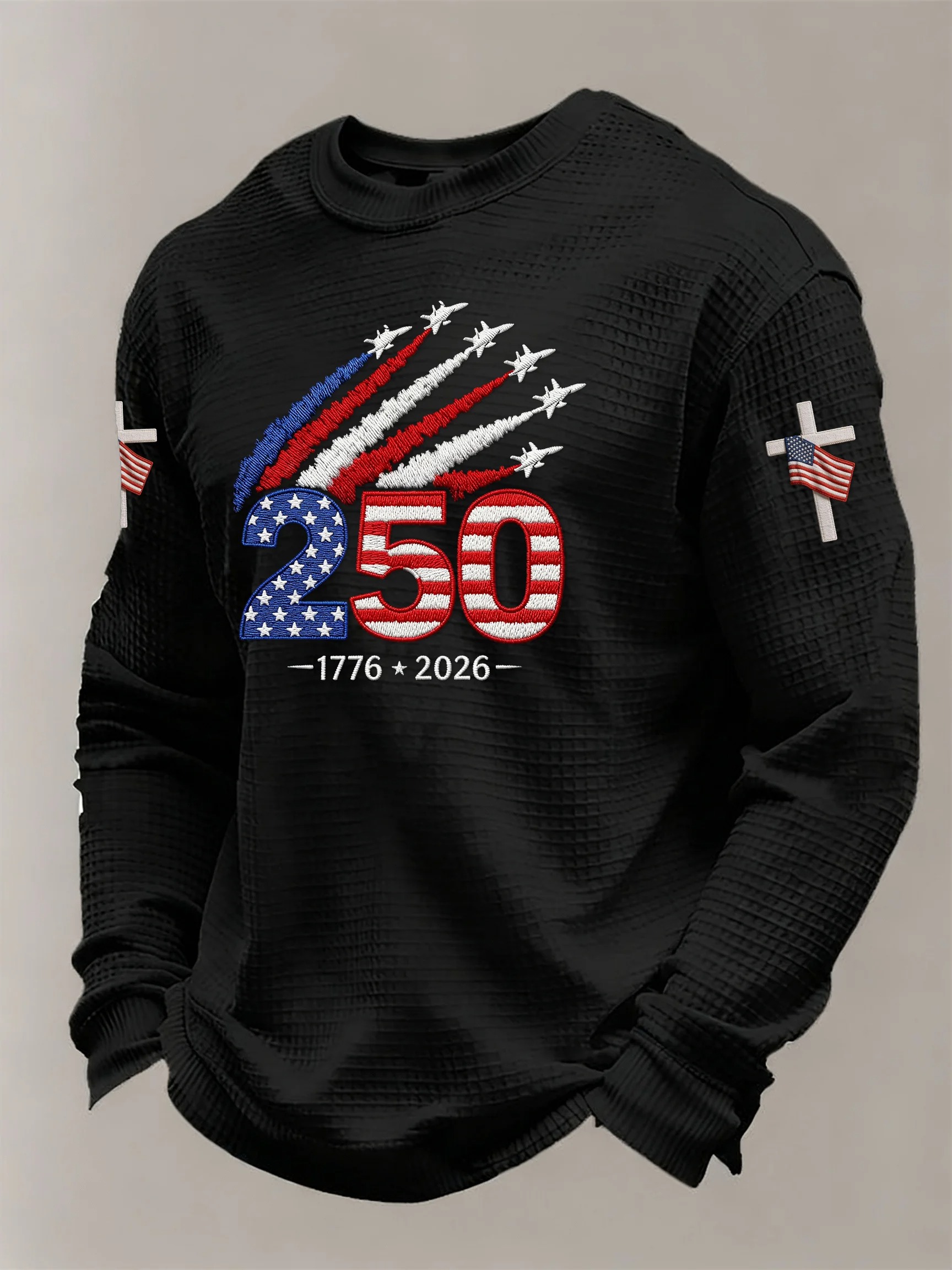 Men'S Retro Waffle American Flag Commemorative 250Th Anniversary Printed Long Sleeve Round Neck Sweatshirt