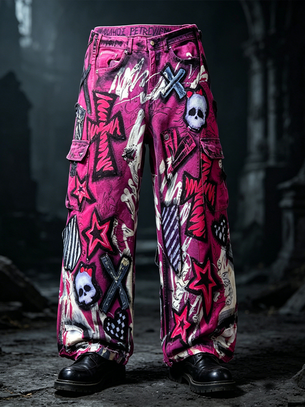 Men's Skull Cross Graffiti Art Print Casual Cargo Pants