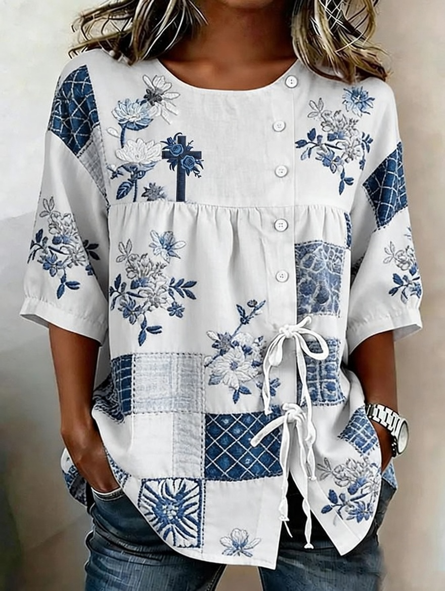 Women'S Faith Flower Art Printed Cotton Linen Casual Shirt