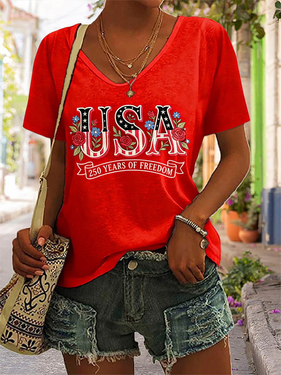 Women's USA Flower V-neck T-shirt