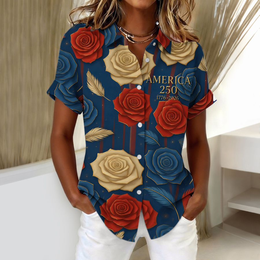 Women's Independence Day Patriotic American Flag Celebration Commemorative Cotton and Hemp Button Shirt