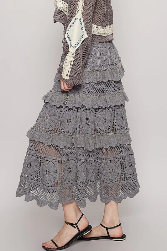 Crochet Lace Ruffled Midi Skirt