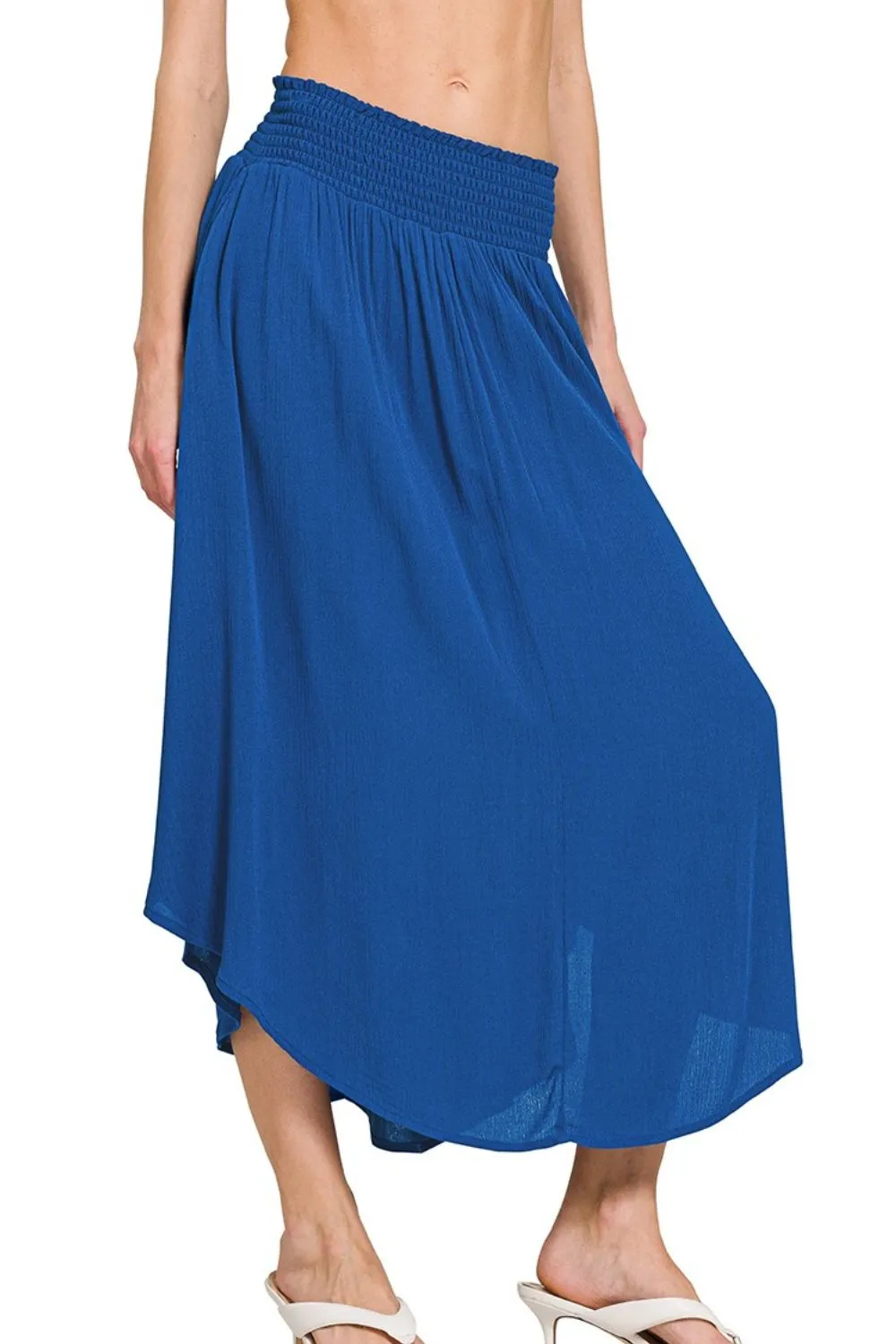 Woven Crinkle Smocked Waist Maxi Skirt W Pockets