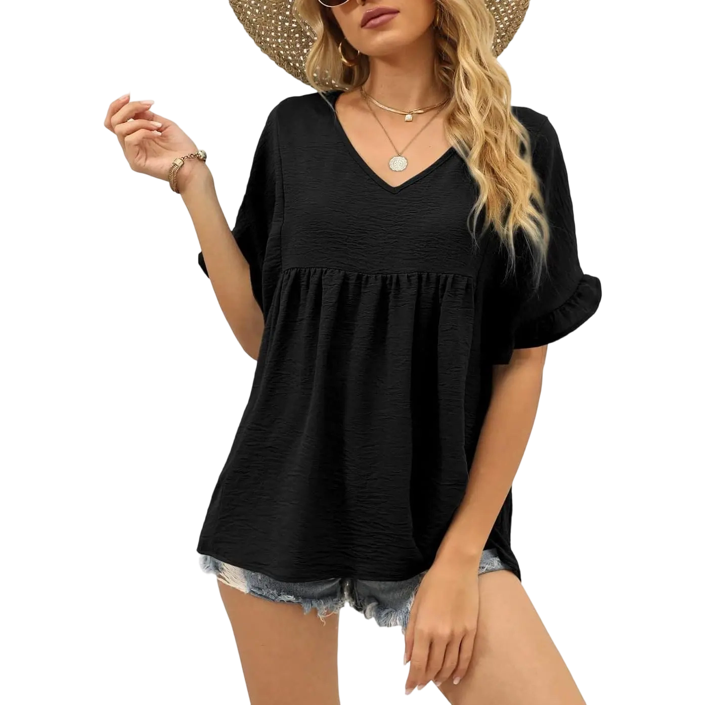 Womens Tops Casual V Neck Ruffle Sleeve T Shirts Babydoll Loose Fit Peplum Tops