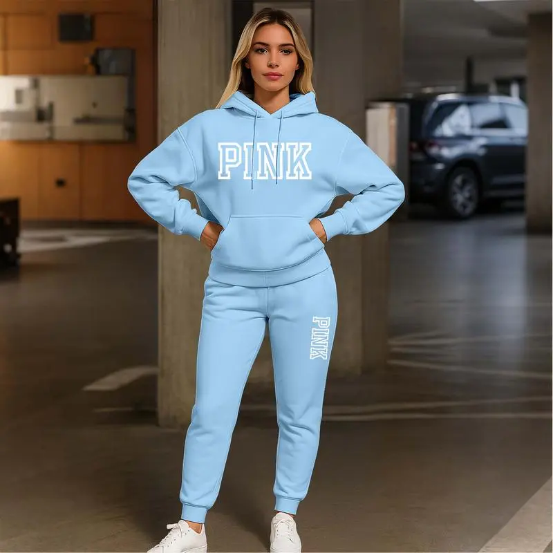 Women's Pink Print Hoodie And Drawstring Track Pants Set, Casual Sportswear