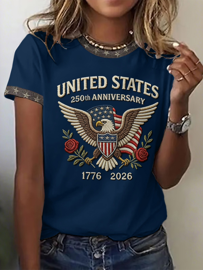 Women'S Retro American Independence Day Commemorative Printed Round Neck T-Shirt