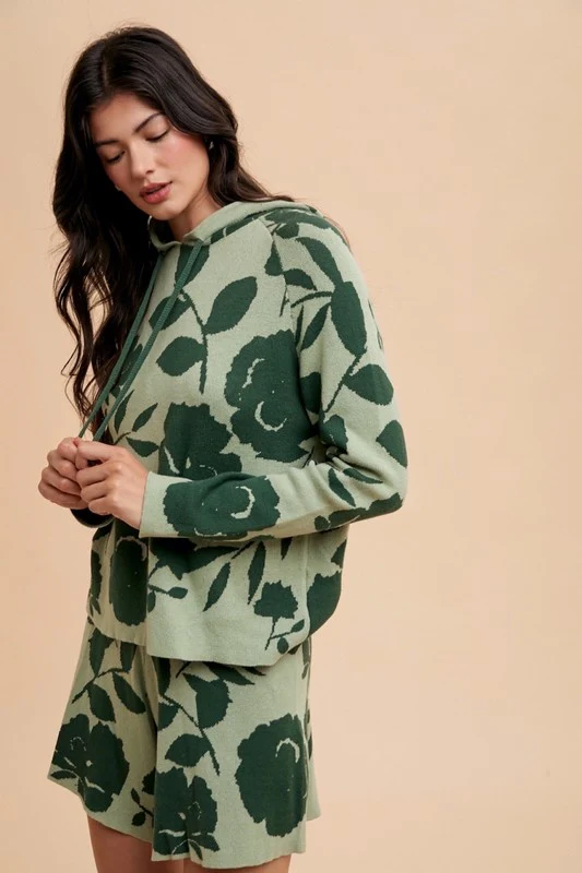 Wear Flower Pattern DrawstringHooded Top and Shorts Sweater Set