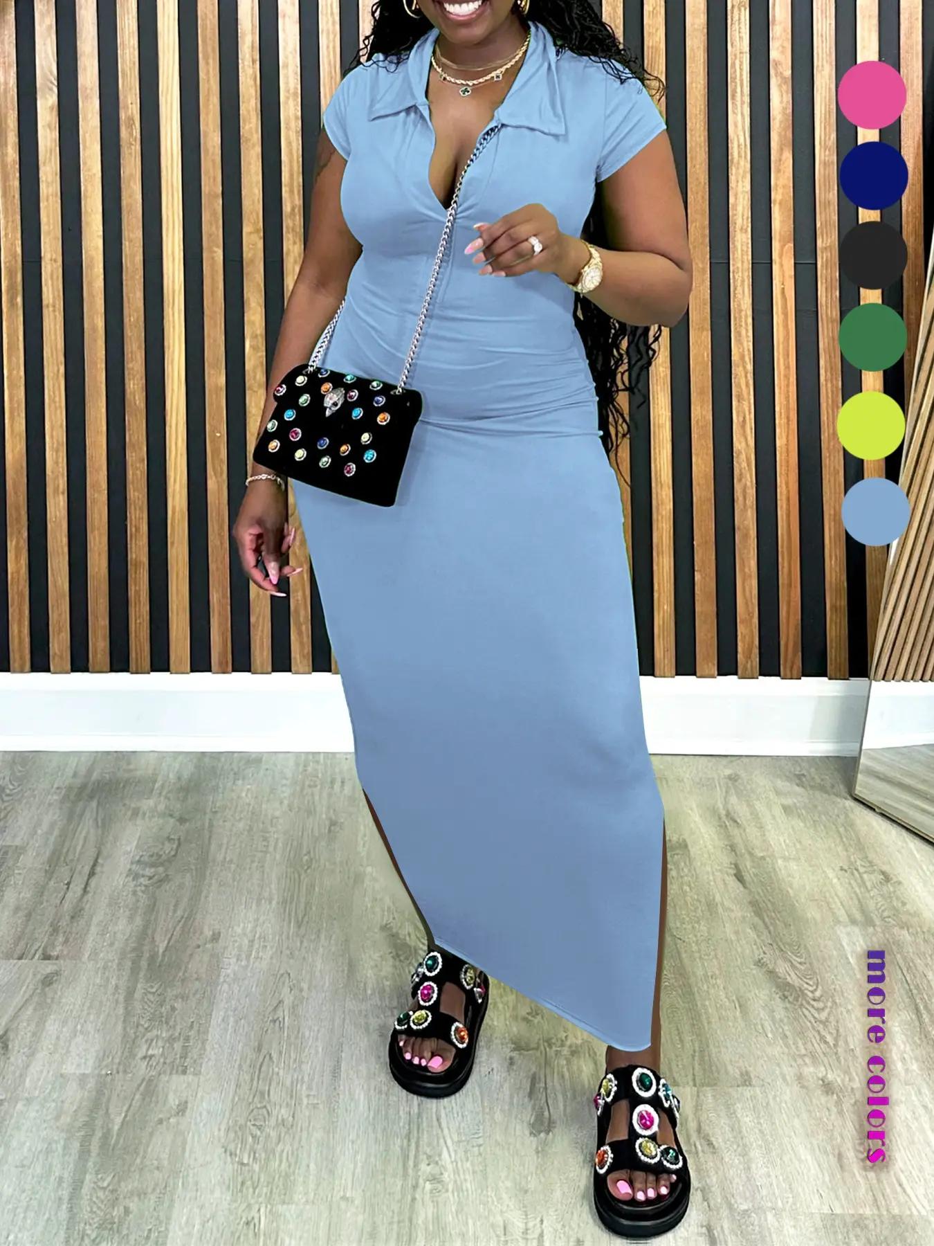Women's Plain Collar Bodycon Dress, Solid Color Short Sleeve Long Dress, Ladies Clothes for All Seasons