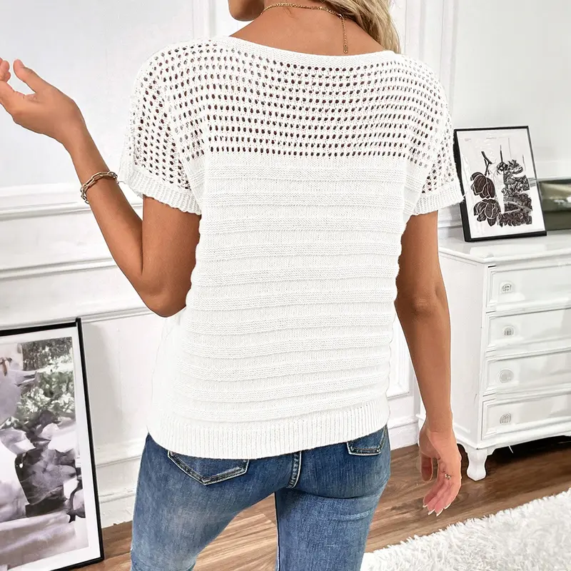 Women's Casual Round Neck Short Sleeve Eyelet Hollow Out Fitted Minimalist White Blouse Cute Tops