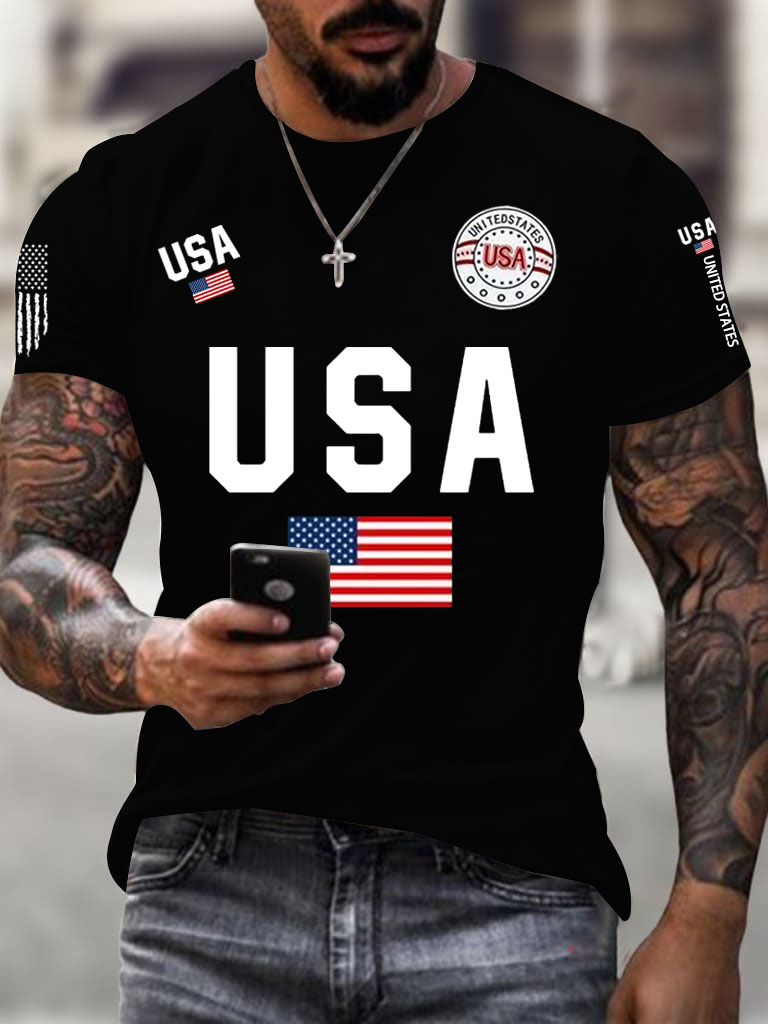 Men'S Classic Short Sleeved T-Shirt With American Flag Print